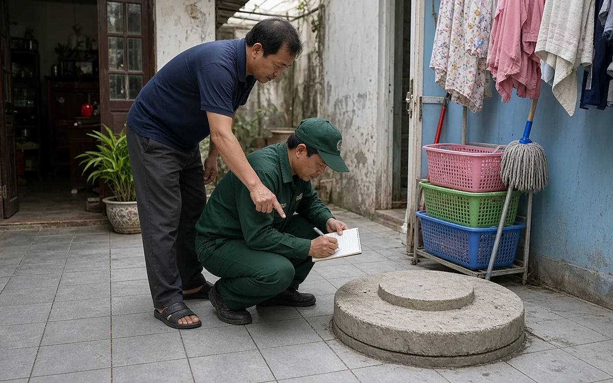 Chủ nhà áo xanh đậm chỉ tay hướng dẫn kỹ thuật viên Môi Trường Việt Yên đồng phục xanh lá ngồi ghi chép bên nắp bể phốt tròn bằng bê tông ở sân sau lát gạch của một nhà dân tại Hải Phòng