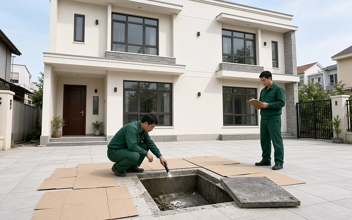 Nhà phố hai tầng sơn trắng mới hoàn thiện trước ngày bàn giao, sân lát gạch phủ bìa carton bảo vệ, nắp bể phốt đã nhấc sang bên, kỹ thuật viên đồng phục xanh đậm ngồi xổm soi đèn pin vào lòng bể còn cặn xi măng cát, đồng nghiệp đứng cạnh cầm bìa kẹp hồ sơ ghi chép