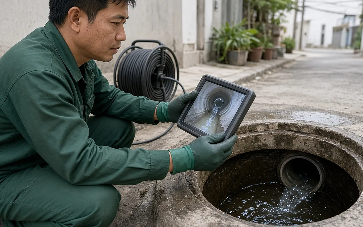 Kỹ thuật viên ngồi cạnh hố ga trên hẻm nhà ở, cầm màn hình hiển thị lòng ống tròn sạch từ camera nội soi, cuộn cáp đặt phía sau
