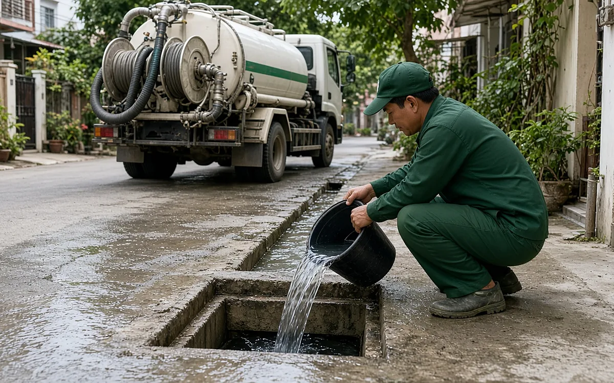 Kỹ thuật viên mặc đồng phục xanh lá đậm, đội mũ lưỡi trai ngồi xổm bên hố ga bê tông mở nắp ven ngõ, đổ một xô nước sạch xuống hố để kiểm tra dòng chảy, phía sau là xe hút chất thải màu trắng sọc xanh có cuộn vòi hút