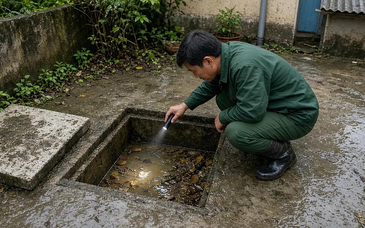 Kỹ thuật viên đồng phục xanh đậm đi ủng ngồi cạnh hố ga bê tông đã mở nắp ở sân sau, soi đèn pin vào lòng hố đầy nước mưa đục, bùn và lá cây