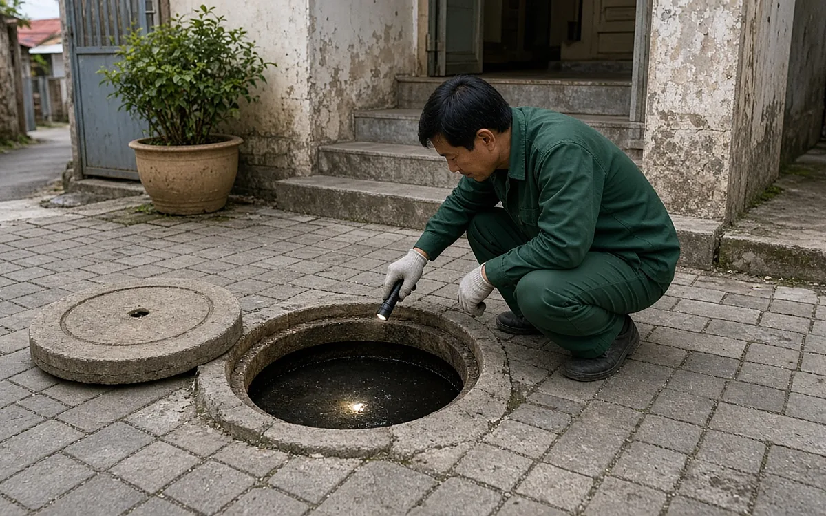 Kỹ thuật viên mặc đồng phục xanh đậm, đeo găng tay trắng ngồi xổm cầm đèn pin soi vào hố ga bê tông tròn đã mở nắp trước cửa nhà ống, bên trong đầy nước đen, nắp hố ga đặt bên cạnh trên nền gạch lát
