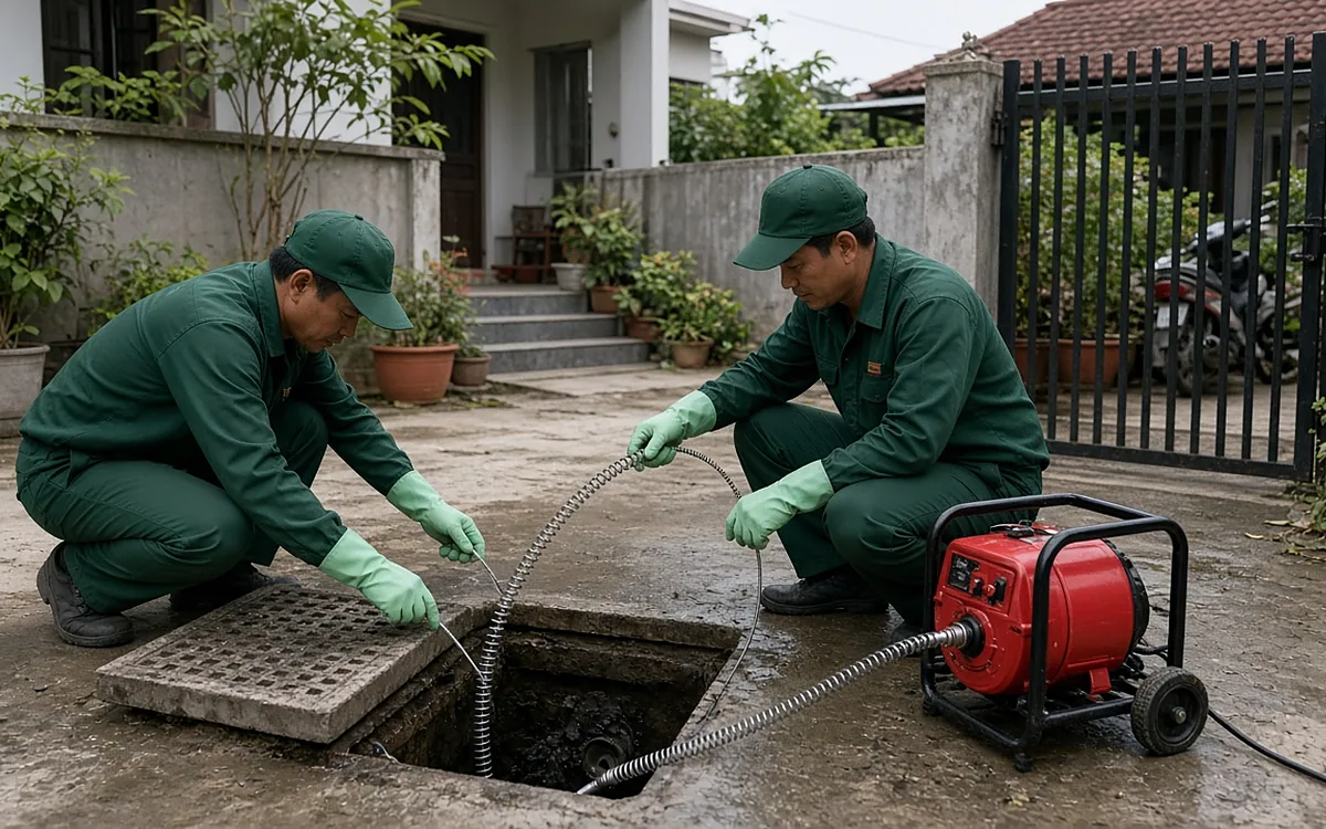 Hai kỹ thuật viên đồng phục xanh đậm, găng tay xanh lá mở nắp hố ga bê tông ở sân trước nhà, đưa dây lò xo từ máy thông cống màu đỏ vào cửa ống trong hố ga, cạnh cổng sắt và chậu cây