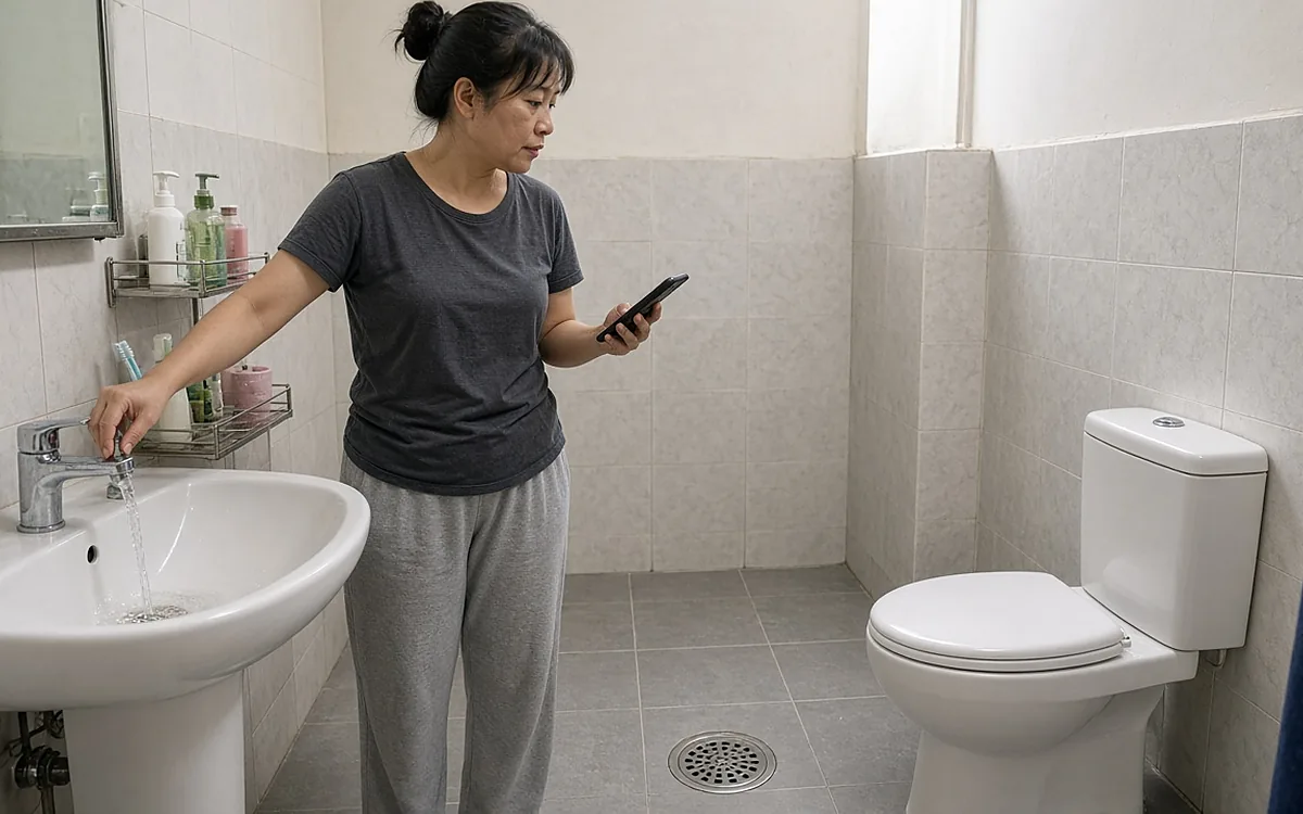 Người phụ nữ trong phòng tắm nhỏ ốp gạch sáng mở vòi lavabo cho nước chảy, tay cầm điện thoại, mắt nhìn sang bồn cầu bên cạnh, giữa sàn gạch xám có phễu thoát sàn inox tròn