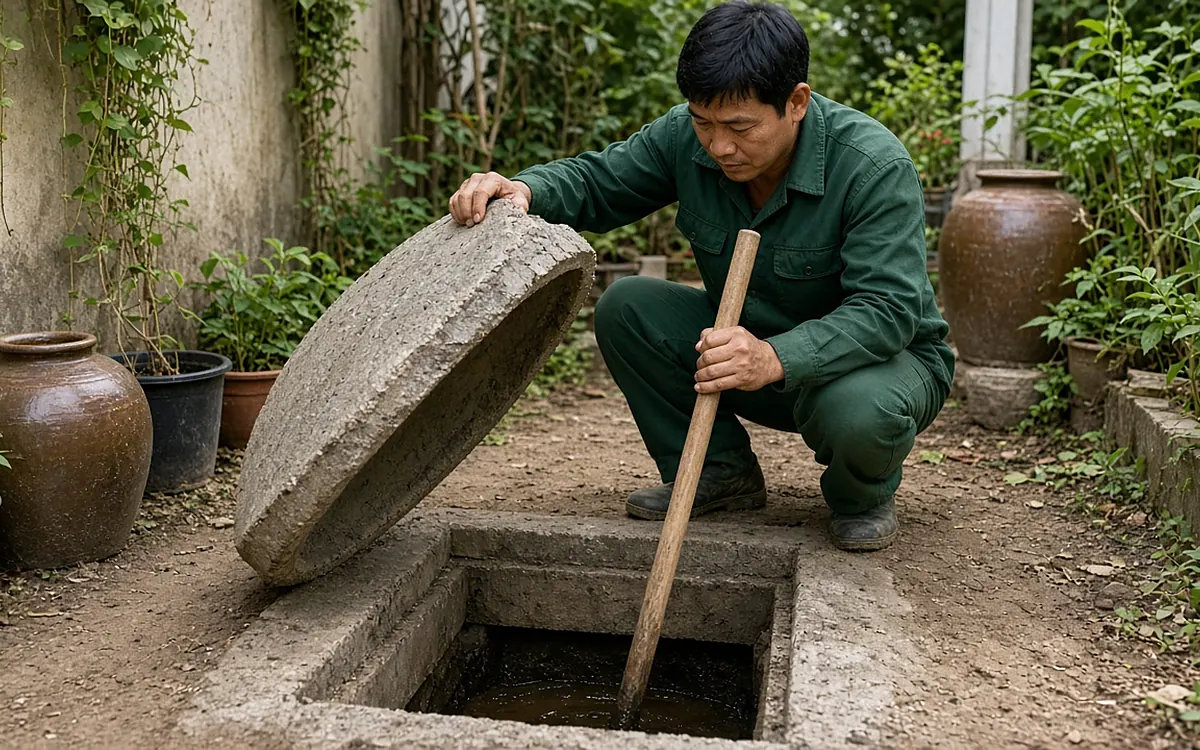 Kỹ thuật viên nhấc nắp bể phốt tròn ngoài vườn và dùng gậy gỗ kiểm tra mực bùn, dịch vụ hút bể phốt Kiến Thụy