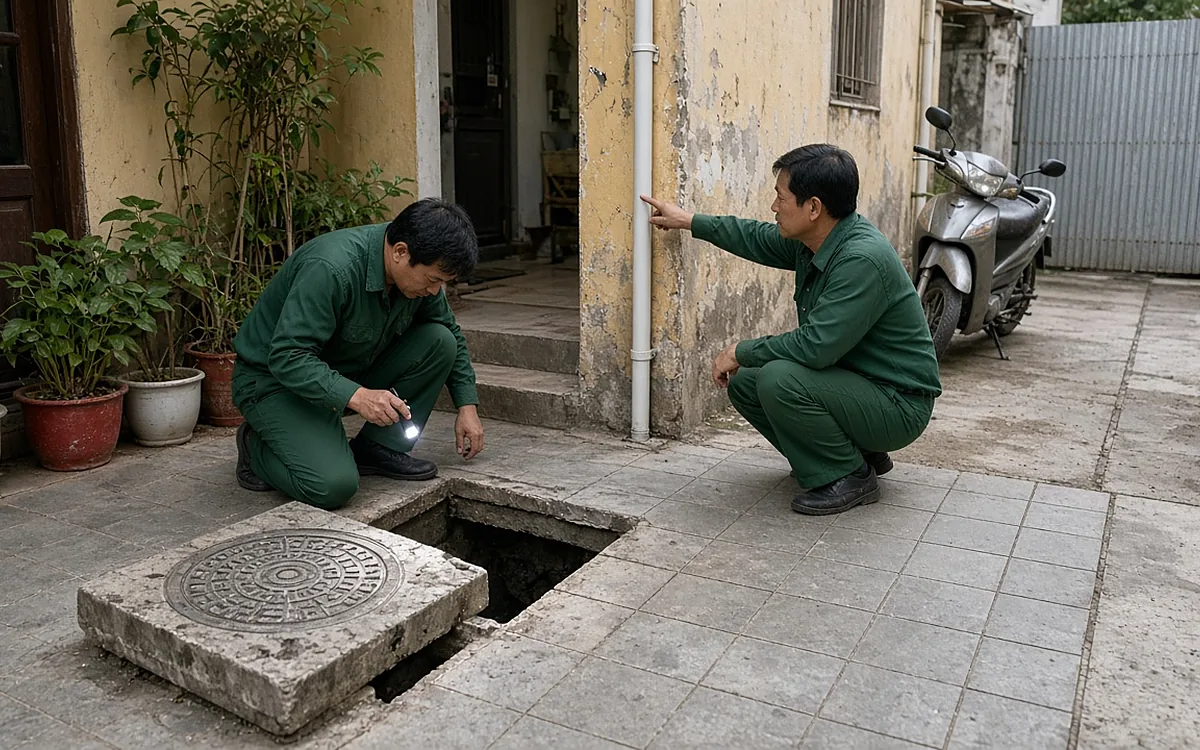 Sân trước nhà ống trong ngõ nhỏ, nắp bể phốt bê tông vuông được nhấc sang một bên, kỹ thuật viên đồng phục xanh đậm quỳ soi đèn pin vào miệng bể, người thứ hai chỉ tay vào ống thông hơi nhựa trắng chạy dọc tường nhà, bên cạnh là chậu cây và xe máy