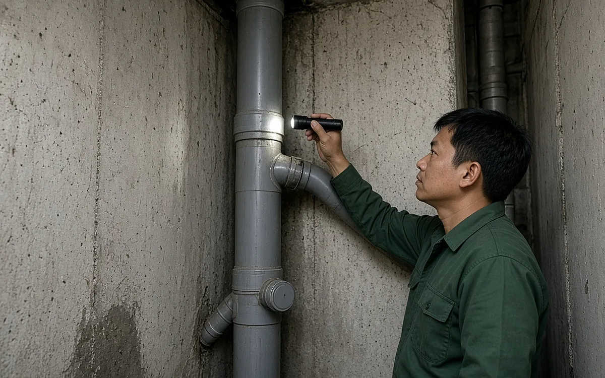 Kỹ thuật viên áo xanh đậm cầm đèn pin soi vào mối nối chữ Y trên ống đứng PVC màu xám chạy dọc trong hộp kỹ thuật tường bê tông của tòa chung cư