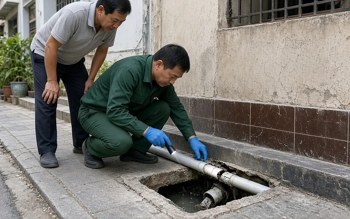 Kỹ thuật viên mặc đồng phục xanh lá đậm, đeo găng tay cao su xanh dương quỳ bên hố kỹ thuật nhỏ đã mở sát chân tường nhà phố, cầm đèn pin soi vào đoạn ống nhựa PVC và mối nối ống, người đàn ông mặc áo xám đứng cạnh cúi xuống theo dõi