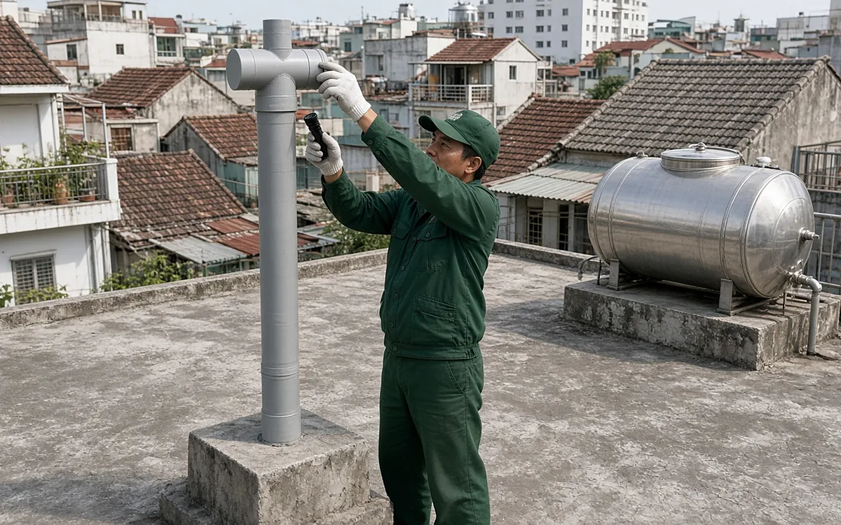 Kỹ thuật viên đồng phục xanh lá đứng trên sân thượng nhà ống, cầm đèn pin soi vào đầu chữ T của ống thông hơi bể phốt bằng nhựa PVC màu xám, bên cạnh là bồn nước inox, phía sau là mái nhà san sát của khu dân cư