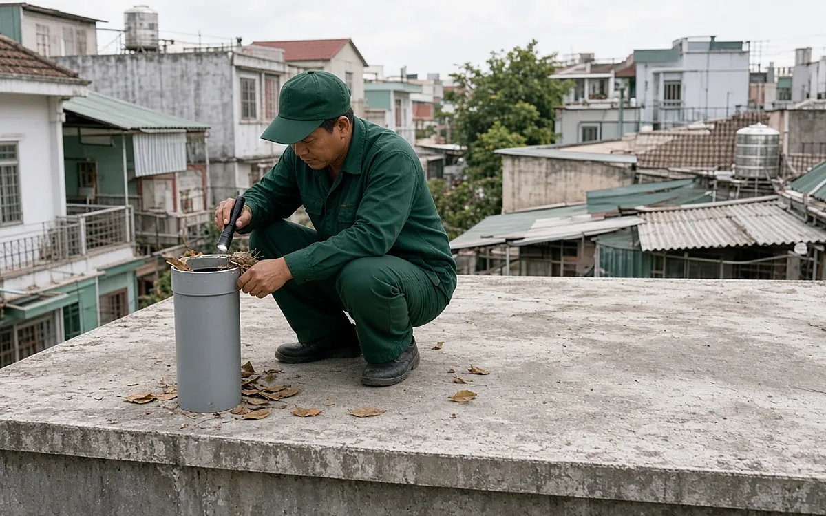 Kỹ thuật viên đồng phục xanh đậm, mũ xanh ngồi trên mái bằng nhà ống, soi đèn pin vào miệng ống thông hơi nhựa PVC màu xám, quanh miệng ống có lá khô bám, phía sau là mái tôn và bồn nước của các nhà lân cận