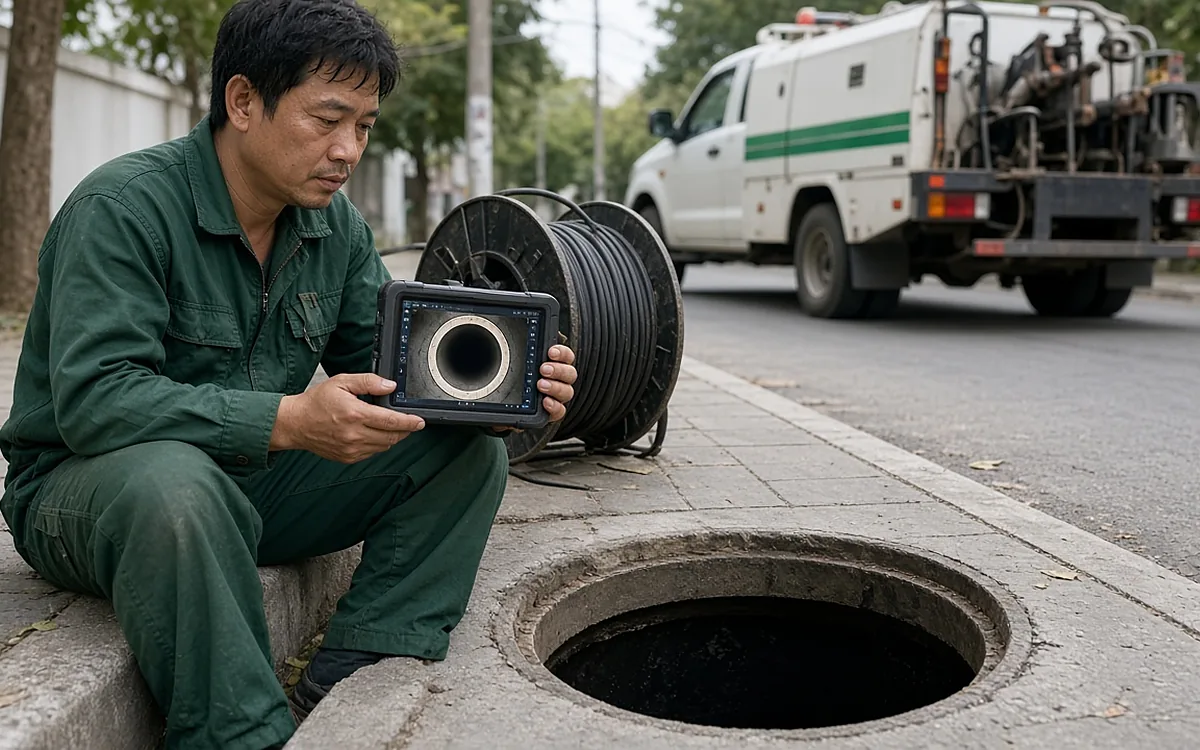 Kỹ thuật viên ngồi cạnh hố ga đã mở nắp trên vỉa hè, cầm màn hình hiển thị hình ảnh lòng ống tròn đã sạch cặn từ camera nội soi