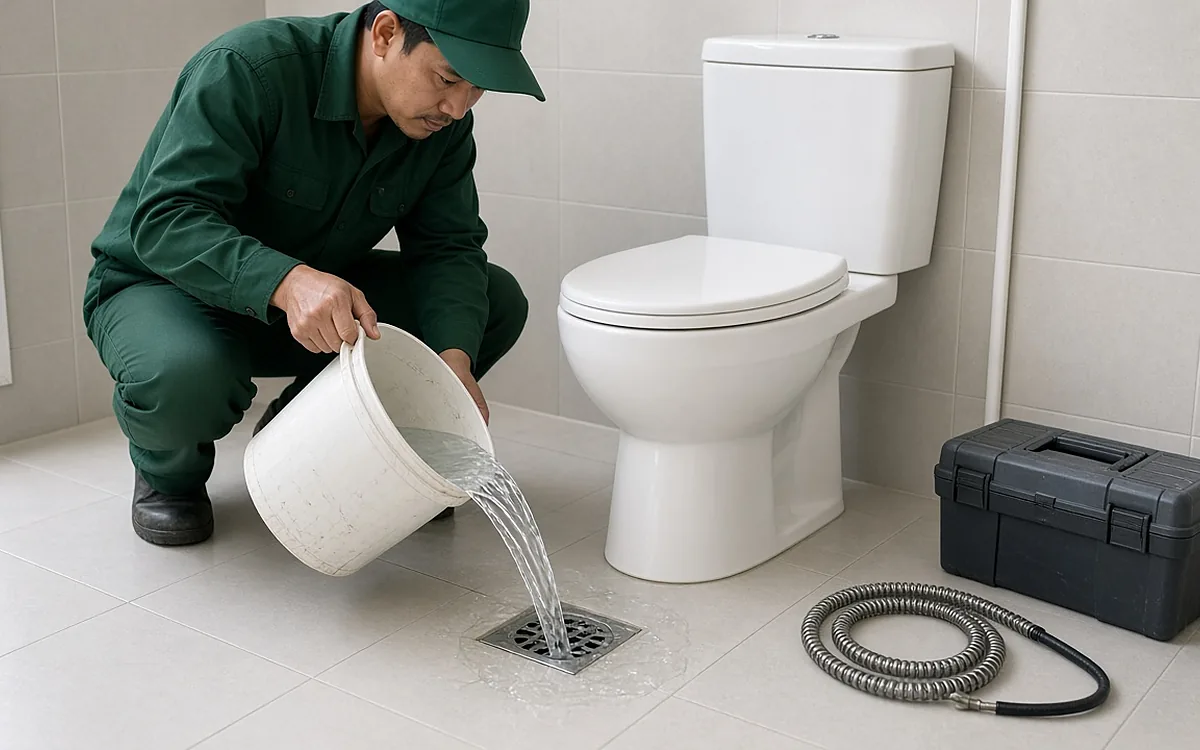 Kỹ thuật viên mặc đồng phục xanh đậm, đội mũ lưỡi trai ngồi xổm đổ xô nước trắng vào miệng thoát sàn inox cạnh bồn cầu để thử độ thoát nước sau khi thông tắc, bên cạnh là cuộn dây lò xo thông cống và hộp đồ nghề màu đen đặt trên sàn gạch còn nguyên vẹn