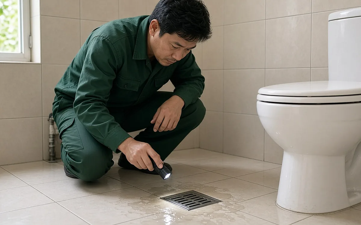 Kỹ thuật viên dùng đèn pin kiểm tra thoát sàn đọng nước cạnh bồn cầu, dấu hiệu bể phốt đầy cần hút tại An Dương