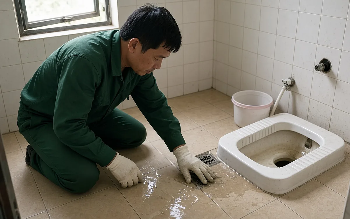 Kỹ thuật viên áo xanh đậm đeo găng tay trắng quỳ trên nền gạch ướt trong nhà vệ sinh nhỏ của phòng trọ, kiểm tra ga thoát sàn bị thoát chậm cạnh bồn cầu xổm, xô nhựa trắng và vòi nước gắn tường phía sau