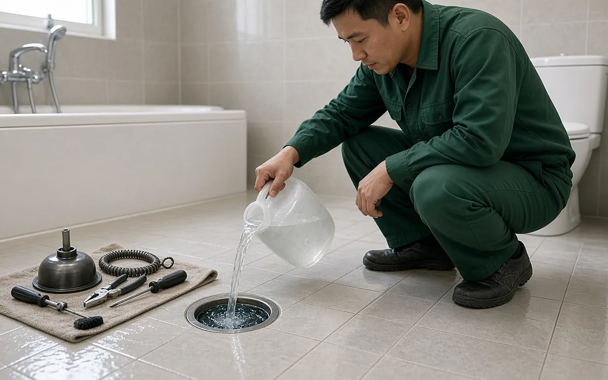 Kỹ thuật viên đổ nước thử vào thoát sàn phòng tắm sau khi thông tắc, dụng cụ xếp trên khăn bên cạnh