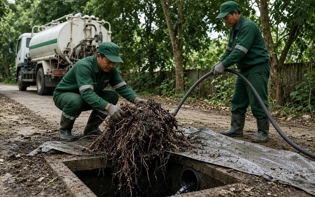 Hai công nhân mặc đồng phục xanh đậm, đội mũ lưỡi trai, đeo găng tay kéo một búi rễ cây lớn vừa cắt ra khỏi hố thoát nước đặt lên tấm bạt, một người cầm ống phun nước, phía sau là xe bồn màu trắng có sọc xanh lá đậu trên đường đất