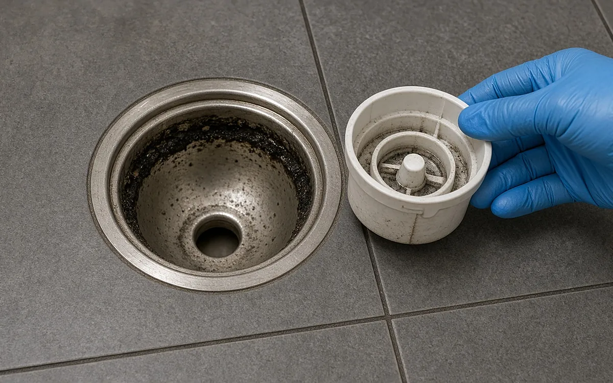 Thoát sàn inox tròn trên nền gạch xám đã tháo mặt lưới, lõi chặn mùi bằng nhựa trắng được nhấc ra đặt bên cạnh trong tay đeo găng xanh, lòng phễu khô và bám một vòng cặn đen