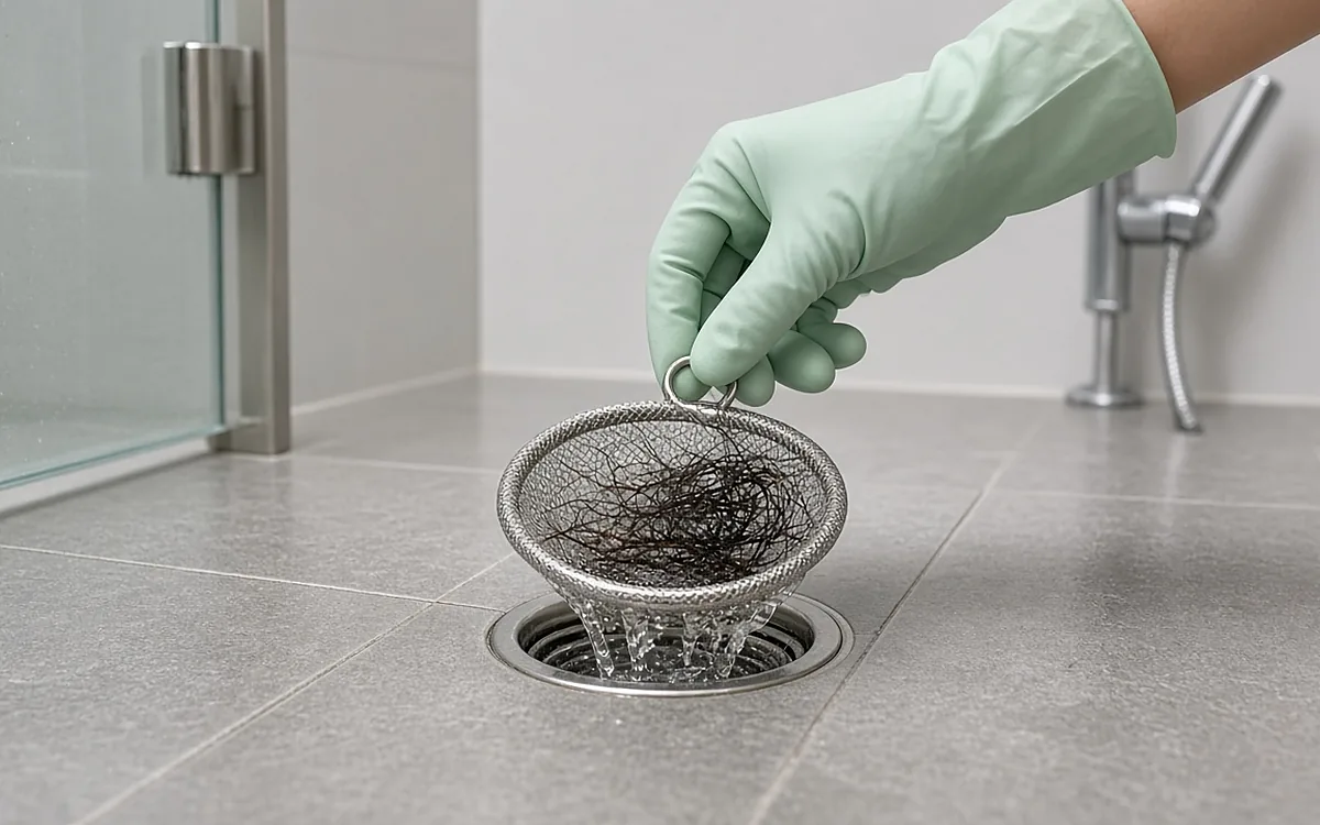 Bàn tay đeo găng cao su màu xanh nhạt nhấc chiếc lưới chắn tóc inox dạng rổ nhỏ có giữ lại vài sợi tóc ra khỏi thoát sàn tròn, nước vẫn chảy thông xuống, sàn gạch xám trong nhà tắm sạch sẽ