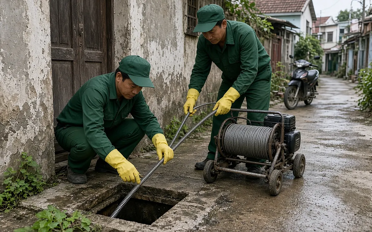 Hai kỹ thuật viên mặc đồng phục xanh lá trong con ngõ dân cư ở Hải Phòng, cùng đưa dây cáp lò xo từ máy thông cống có tang cuộn và bánh xe xuống hố ga bê tông đã mở nắp