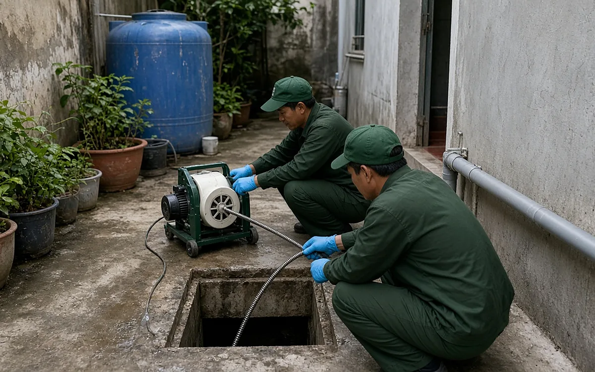Hai kỹ thuật viên đồng phục và mũ xanh đậm, găng tay xanh dương ngồi xổm ở sân sau lát xi măng của nhà ống, vận hành máy thông cống lò xo đặt trên khung bánh xe, đưa dây lò xo thép vào hố kiểm tra bê tông vuông cạnh ống nhựa xám chạy dọc tường, phía sau là chậu cây và bồn nước xanh
