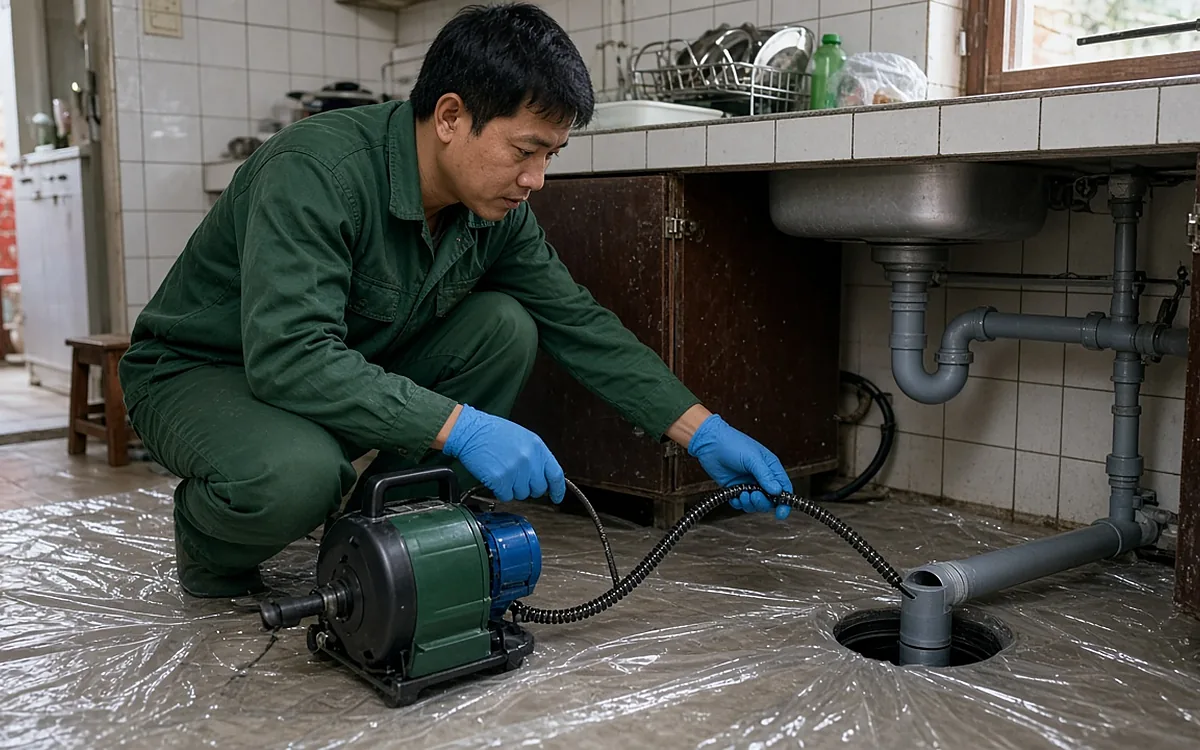 Kỹ thuật viên áo xanh đậm, găng tay xanh dương ngồi xổm luồn dây lò xo của máy thông tắc điện nhỏ gọn vào miệng ống thoát nước dưới chậu rửa bát, sàn bếp được trải tấm ni lông bảo vệ
