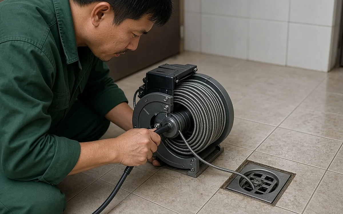 Kỹ thuật viên mặc đồng phục xanh lá đậm quỳ trên sàn nhà tắm lát gạch men màu be, tay cầm tay đẩy của máy thông cống lò xo dạng trống quay chạy điện, sợi dây lò xo thép xoắn chạy từ trống máy vào miệng thoát sàn inox đã mở nắp