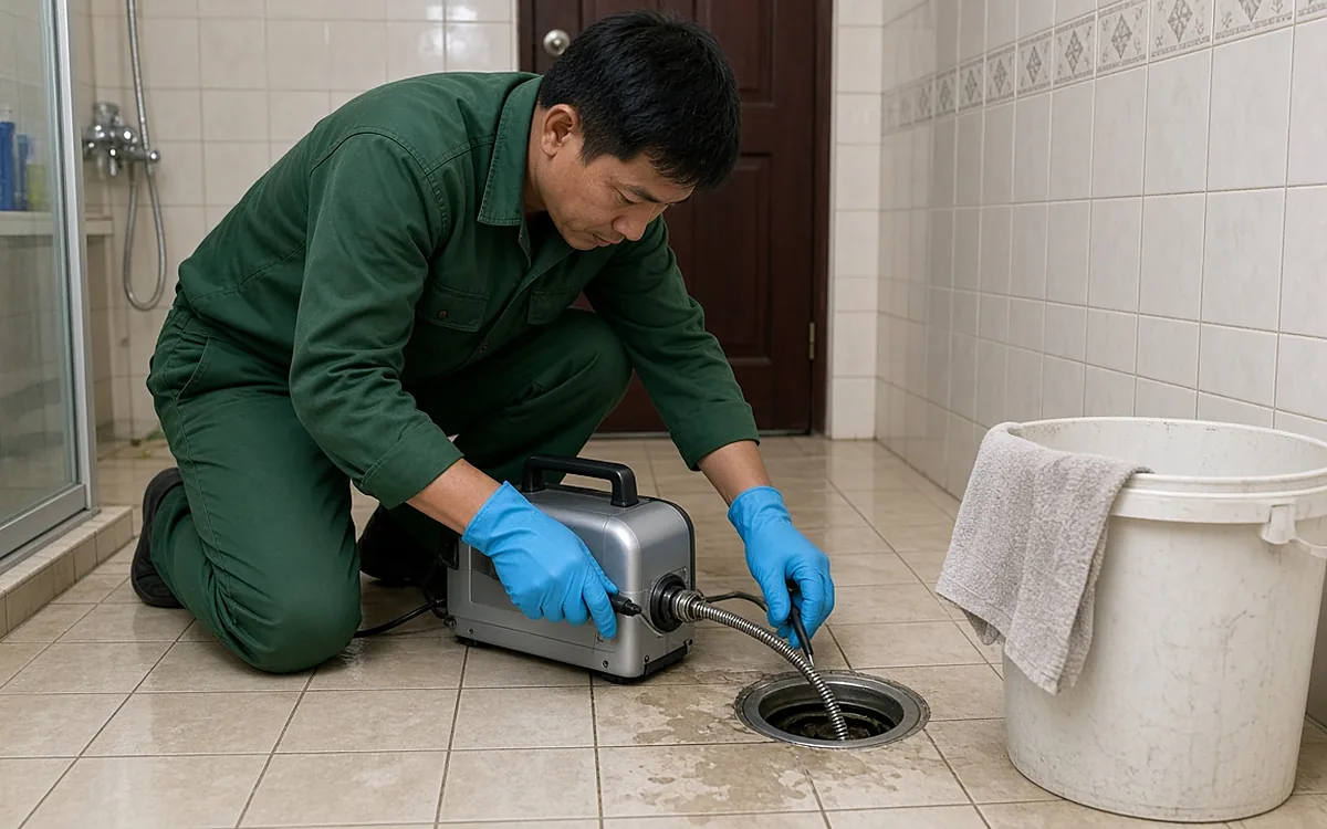 Kỹ thuật viên mặc đồng phục xanh đậm, găng tay xanh dương quỳ trên sàn nhà tắm lát gạch, luồn dây lò xo của máy thông tắc cầm tay vào thoát sàn tròn, bên cạnh là xô nhựa trắng vắt khăn