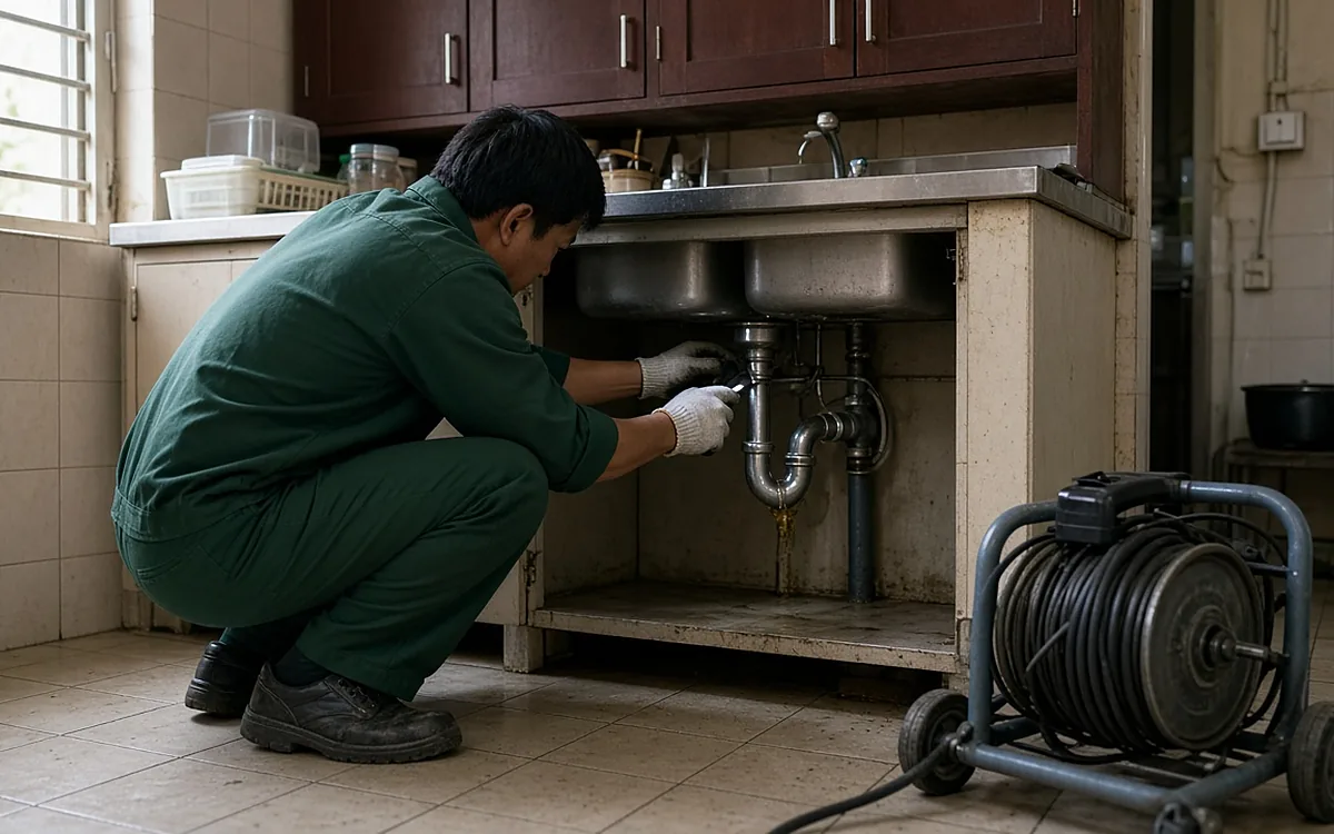 Kỹ thuật viên đồng phục xanh quỳ dưới tủ bếp, đưa dây máy lò xo vào ống thoát dưới chậu rửa đang xử lý nghẹt tại nhà phố Lê Chân