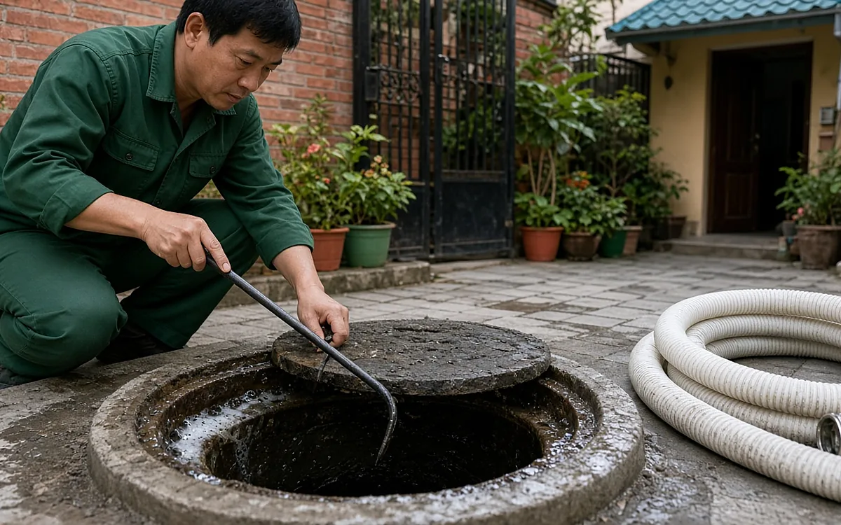 Kỹ thuật viên Môi Trường Việt Yên đồng phục xanh lá dùng móc sắt nhấc nắp bể phốt tròn ở sân nhà dân lát gạch, cuộn ống hút trắng đặt sẵn bên cạnh, phía sau là cổng sắt và chậu cây