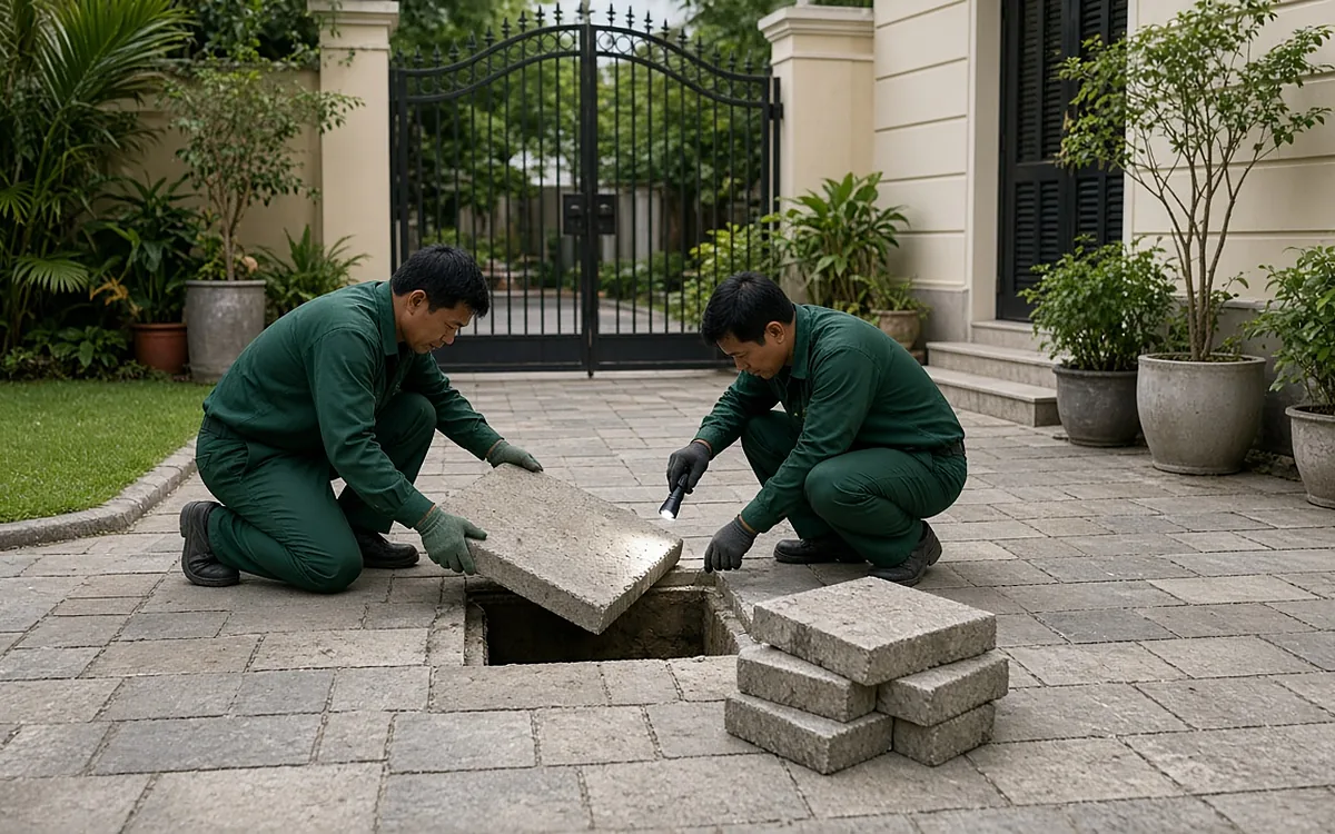 Sân trước biệt thự lát đá, có thảm cỏ, chậu cây và cổng sắt mỹ thuật; hai kỹ thuật viên đồng phục xanh đậm quỳ trên sân, một người nhấc tấm nắp bê tông vuông lát chìm trong sân, người kia soi đèn pin vào miệng bể, vài viên đá lát xếp chồng bên cạnh