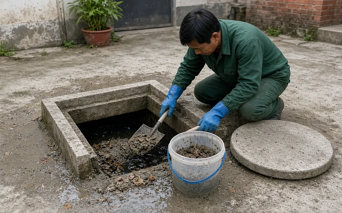 Hố ga bê tông vuông trong sân nhà đã nhấc nắp tròn đặt bên cạnh, đáy hố đầy bùn cát và lá mục, kỹ thuật viên đồng phục xanh đậm đeo găng xanh dương quỳ bên cạnh dùng xẻng nhỏ xúc bùn vào xô nhựa