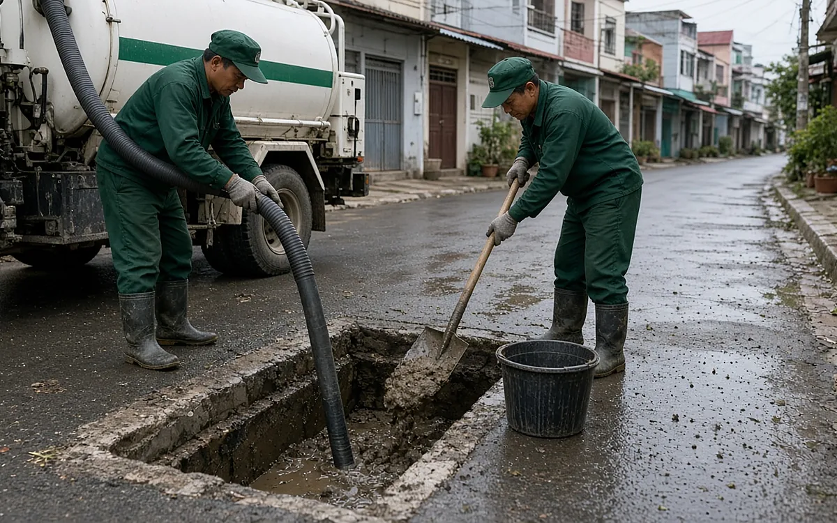 Hai công nhân mặc đồng phục xanh lá đậm, đội mũ lưỡi trai, đi ủng cao su nạo vét hố ga ven đường ướt, một người dẫn ống hút màu đen từ xe hút trắng sọc xanh vào lòng hố, người còn lại dùng xẻng xúc bùn cát cho vào xô nhựa đen