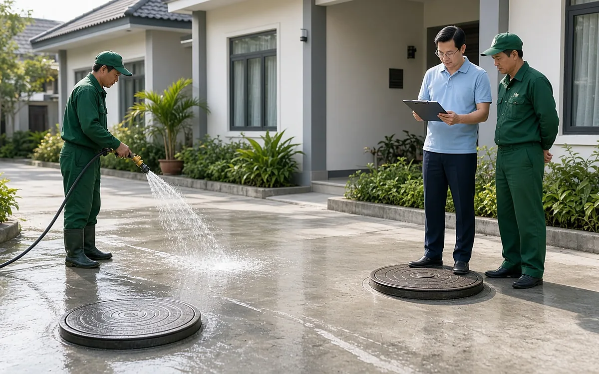 Sau hút bể phốt, kỹ thuật viên xịt rửa mặt sân bê tông cạnh nắp hầm đã đóng kín, nhân viên khách sạn áo polo cùng kỹ thuật viên đối chiếu biên bản trên clipboard