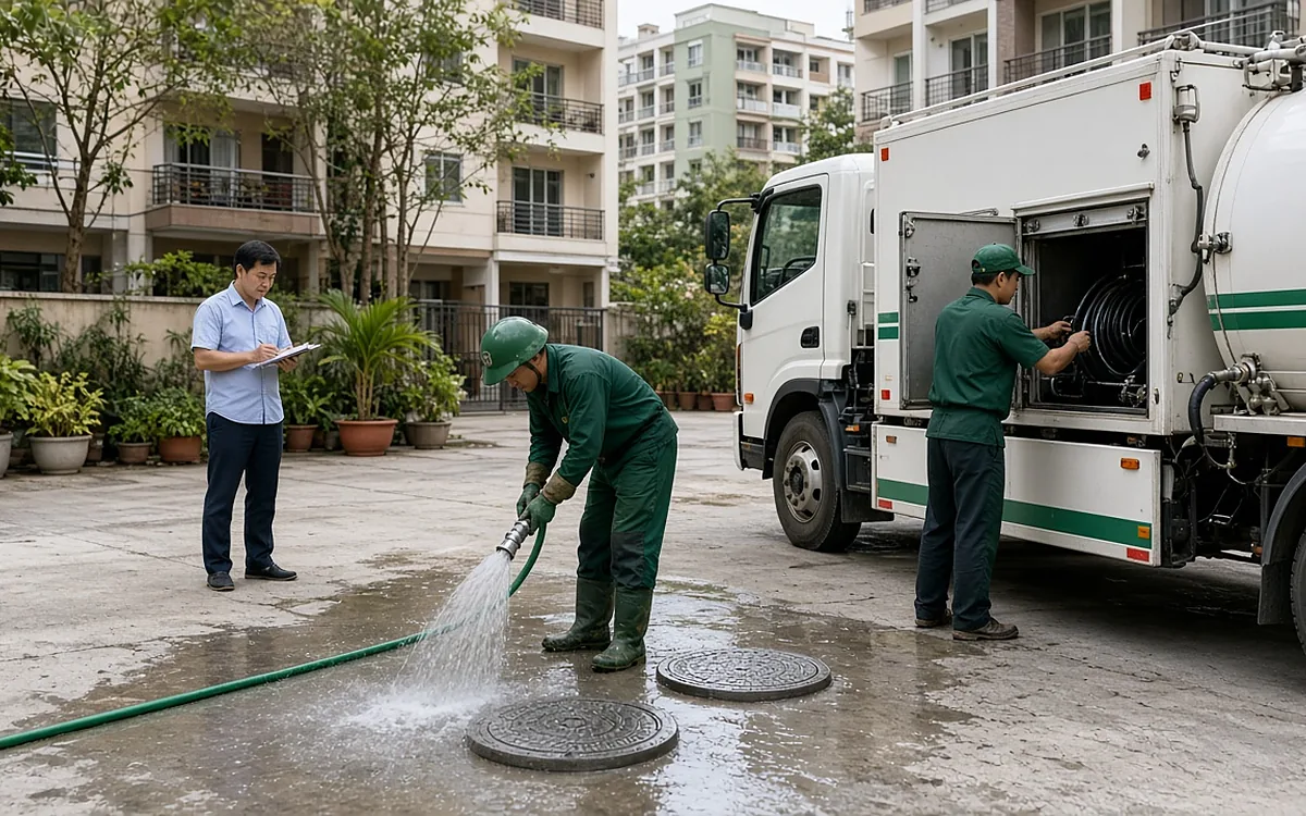 Kỹ thuật viên xịt rửa quanh nắp hầm sau khi hút, nhân viên BQL cầm sổ kiểm tra, xe hút trắng sọc xanh đỗ cạnh sân chung cư