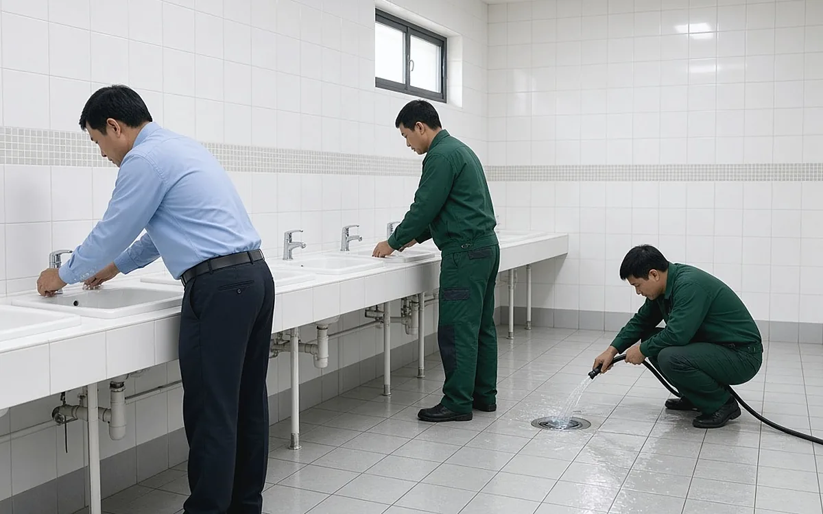 Nhà vệ sinh cơ sở y tế tường gạch men, kỹ thuật viên đồng phục xanh xịt rửa thoát sàn, kỹ thuật viên khác kiểm tra lavabo thoát nước