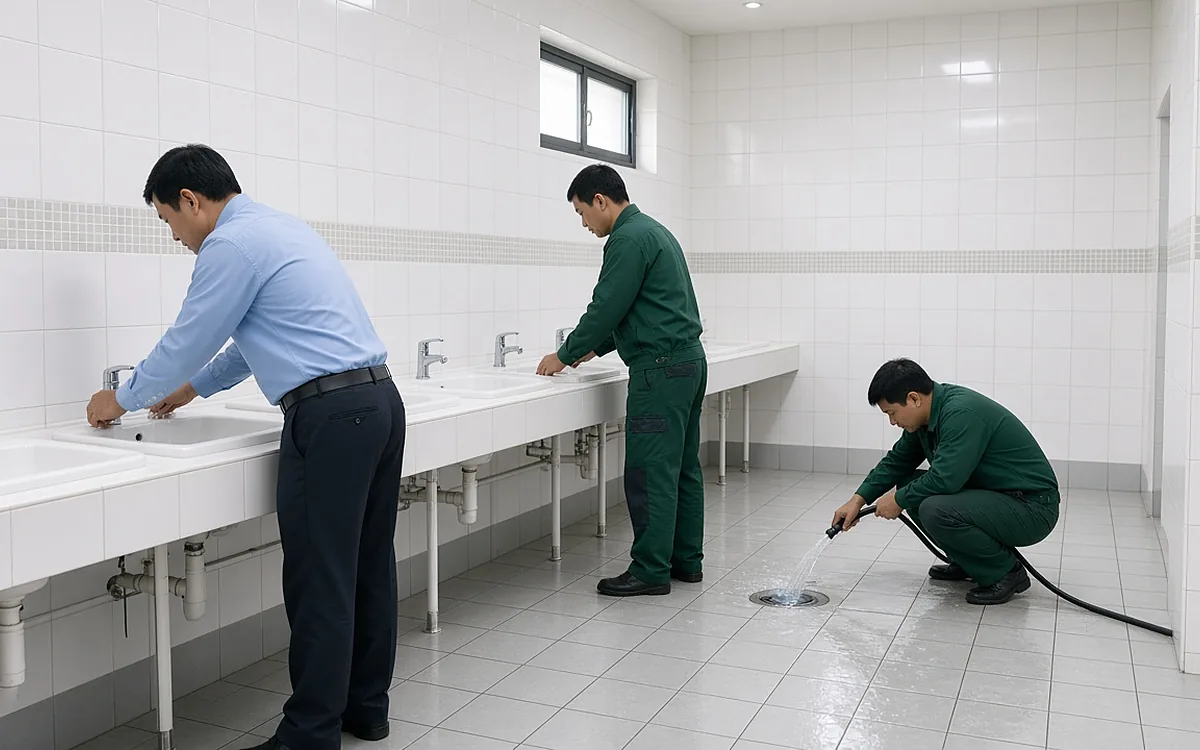 Nhà vệ sinh học sinh tường gạch men trắng sạch, kỹ thuật viên đồng phục xanh xịt rửa thoát sàn, kỹ thuật viên khác và nhân viên nhà trường áo xanh nhạt kiểm tra lavabo thoát nước