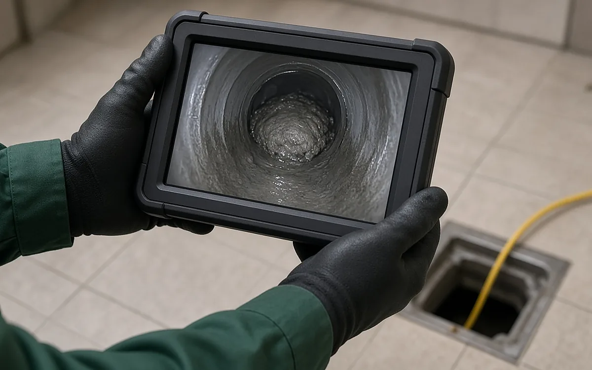 Hai bàn tay đeo găng đen, ống tay áo đồng phục xanh đậm, cầm màn hình camera nội soi đang hiển thị lòng ống thoát nước màu xám với khối cặn bùn chặn giữa ống, phía sau là sàn gạch có miệng thoát sàn vuông đã mở nắp và dây cáp camera màu vàng luồn xuống