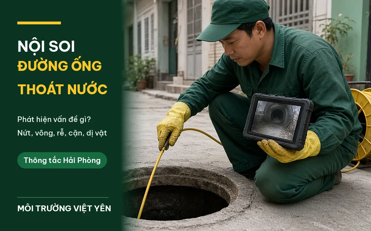 Kỹ thuật viên mặc đồng phục xanh lá, đội mũ lưỡi trai, đeo găng tay vàng quỳ bên hố ga bê tông mở nắp trong ngõ dân cư, đưa dây cáp camera màu vàng từ tang cuộn xuống ống và cầm màn hình hiển thị lòng ống, ảnh bìa bài nội soi đường ống thoát nước