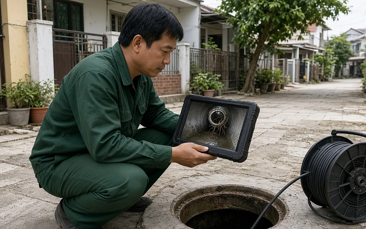 Kỹ thuật viên mặc đồng phục xanh đậm ngồi xổm cạnh hố ga đã mở nắp trong ngõ khu dân cư, cầm màn hình hiển thị hình ảnh búi rễ cây trong lòng ống cống, cuộn cáp camera màu đen đặt bên cạnh