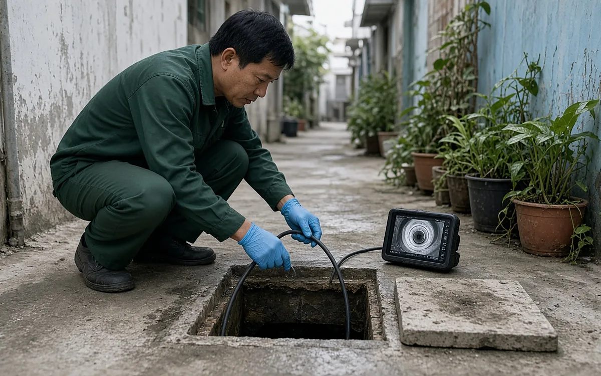 Kỹ thuật viên mặc đồng phục xanh đậm, đeo găng tay xanh dương ngồi xổm trong con ngõ hẹp, luồn dây camera nội soi màu đen xuống hố ga đã mở nắp, màn hình hiển thị lòng ống đặt trên nền xi măng, tấm nắp bê tông bên cạnh và các chậu cây dọc tường
