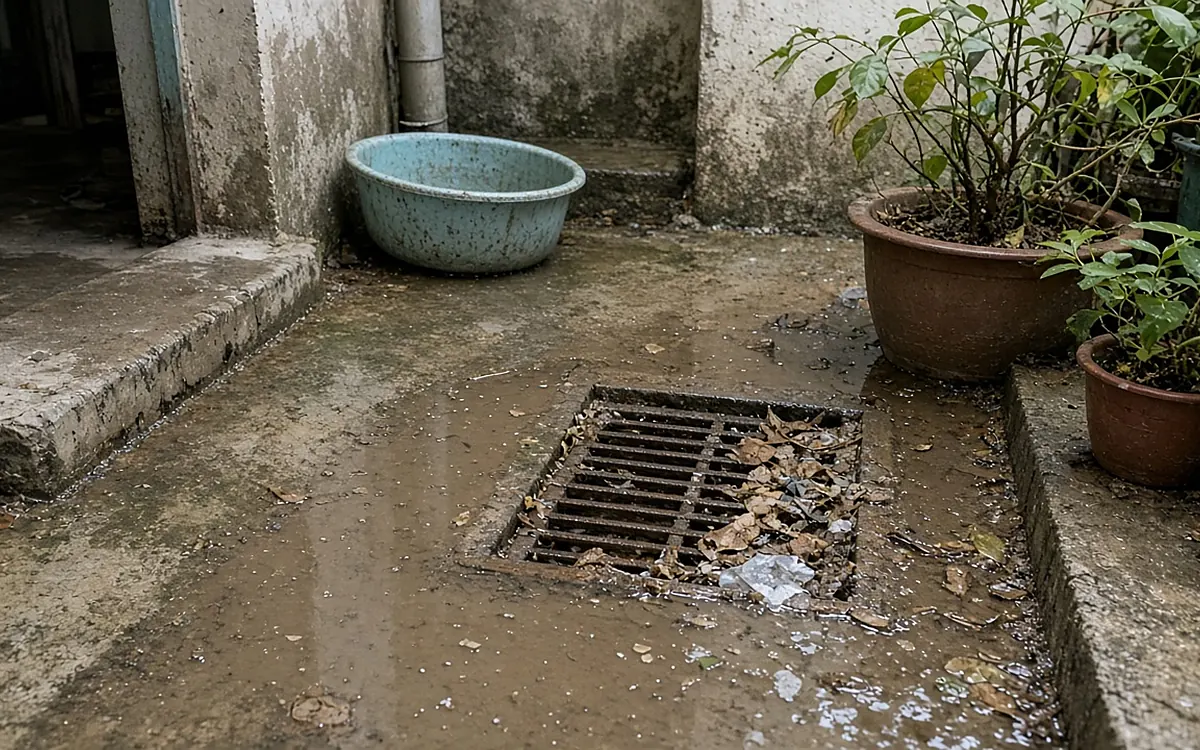 Góc sân sau lát bê tông, nước đục đọng thành vũng quanh tấm lưới thu nước hình chữ nhật đang bị lá khô, cát và mảnh nhựa nilon bít kín, bên cạnh là chậu nhựa xanh đặt trên bậc và mấy chậu cây cảnh