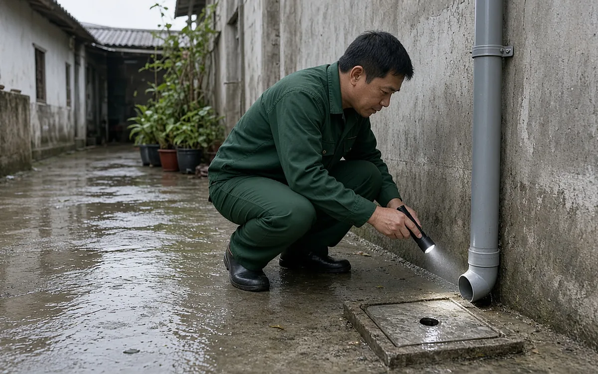 Sân sau nhà ống lát xi măng còn ướt sũng sau mưa, kỹ thuật viên đồng phục xanh đậm ngồi xổm soi đèn pin vào chân ống thoát nước mưa màu xám chạy dọc tường xuống ngay cạnh nắp bể phốt vuông, phía sau là ngõ nhỏ với các chậu cây