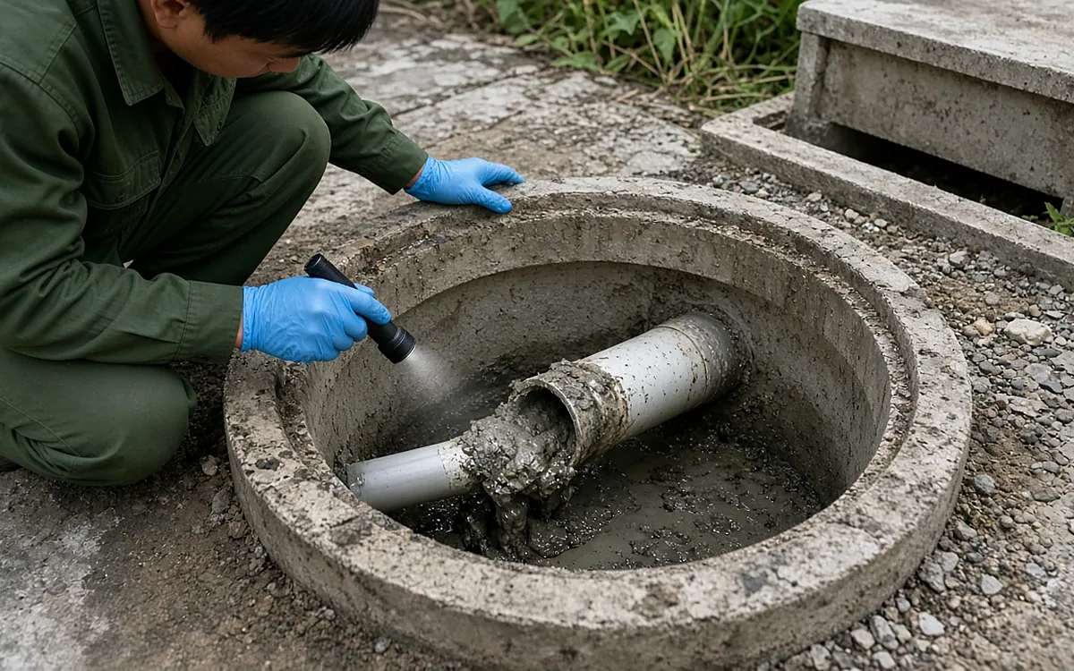 Kỹ thuật viên đồng phục xanh đậm đeo găng tay xanh dương quỳ cạnh hố kiểm tra bê tông hình tròn bên bể phốt, cầm đèn pin soi vào miệng ống nhựa thoát ra đang bị bùn xám và váng bám kín, xung quanh là sân xi măng và sỏi