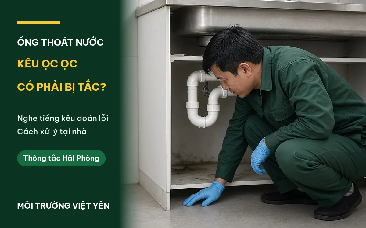 Kỹ thuật viên mặc đồng phục xanh đậm, đeo găng tay xanh dương ngồi kiểm tra xi phông nhựa trắng dưới tủ chậu rửa, ảnh bìa bài ống thoát nước kêu ọc ọc có phải dấu hiệu bị tắc