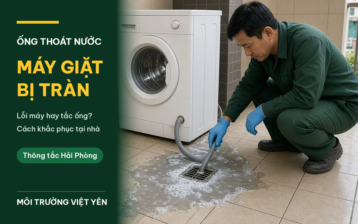 Kỹ thuật viên mặc đồng phục xanh đậm, găng tay xanh dương ngồi kiểm tra phễu thoát sàn đang trào nước xà phòng cạnh máy giặt cửa ngang, ảnh bìa bài ống thoát nước máy giặt bị tràn