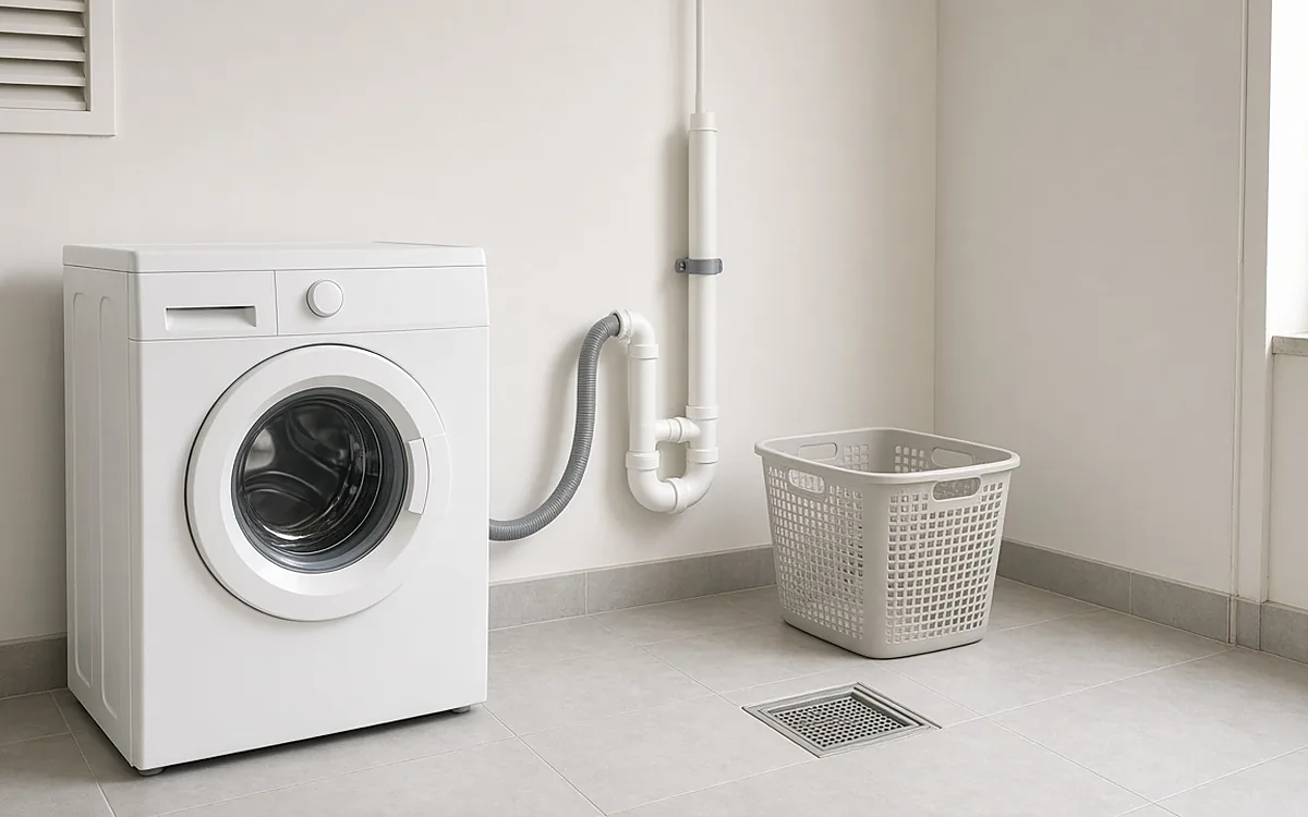 Góc giặt đồ sạch sẽ, khô ráo với máy giặt cửa ngang màu trắng, dây xả màu xám nối vào ống chờ nhựa trắng có cút chữ U gắn trên tường, phễu thoát sàn có lưới lọc mịn, sọt đựng quần áo bên cạnh