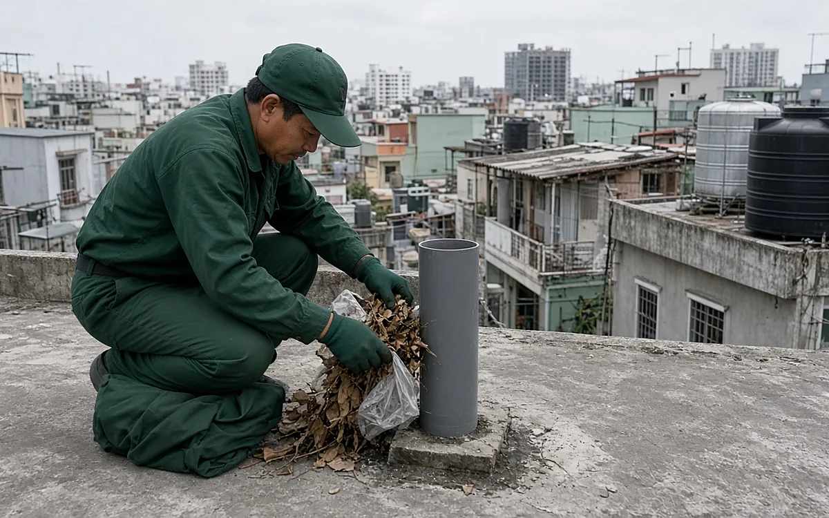 Kỹ thuật viên mặc đồng phục xanh đậm, đội mũ lưỡi trai, đeo găng tay xanh lá ngồi trên sân thượng nhà ống, lấy nắm lá khô và túi nilon ra khỏi miệng ống thông hơi nhựa PVC màu xám