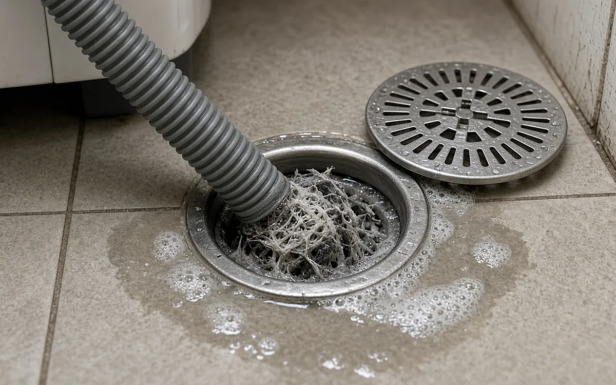 Dây xả nhựa màu xám của máy giặt cắm vào phễu thoát sàn inox đã nhấc nắp, bên trong là búi xơ vải, tóc và cặn bột giặt bít kín miệng ống, nước xà phòng sủi bọt đọng quanh phễu trên nền gạch