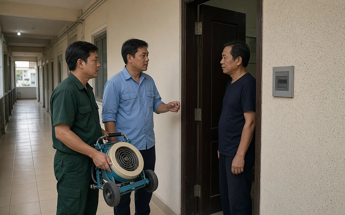 Nhân viên ban quản lý tòa nhà áo sơ mi xanh nhạt trao đổi với cư dân trước cửa căn hộ, bên cạnh là kỹ thuật viên đồng phục xanh đậm cầm máy thông cống lò xo trên hành lang chung cư