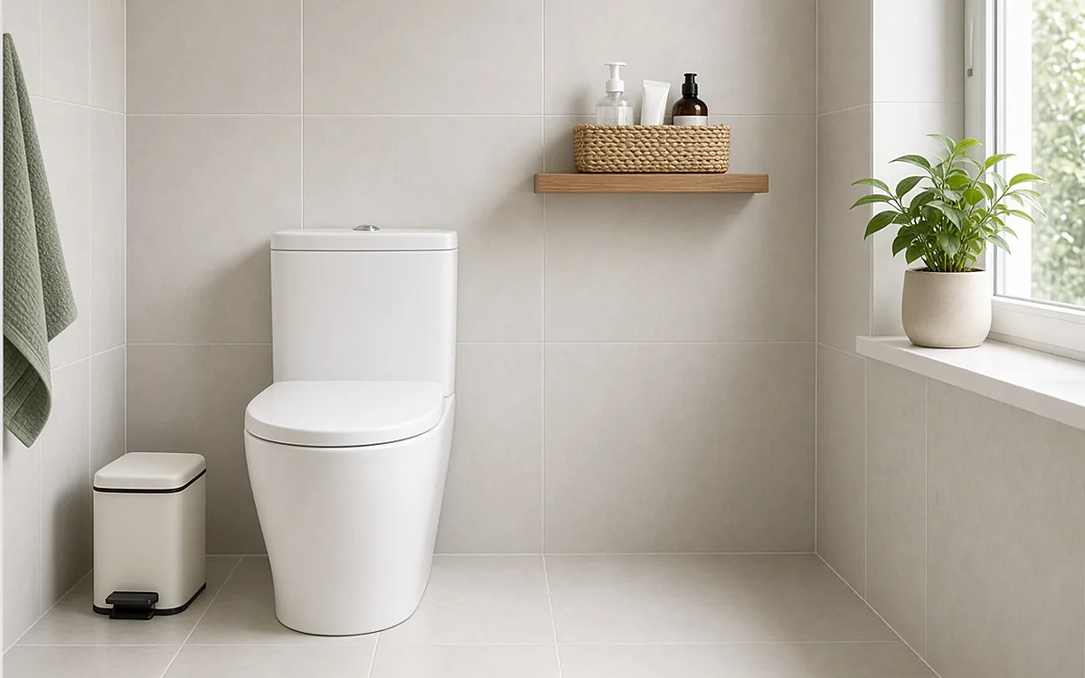 Phòng tắm gia đình gọn gàng ốp gạch sáng màu, bồn cầu trắng đậy nắp, thùng rác đạp chân có nắp đặt sát bên, kệ gỗ đựng đồ dùng gắn tường cách xa bồn cầu, chậu cây xanh bên cửa sổ